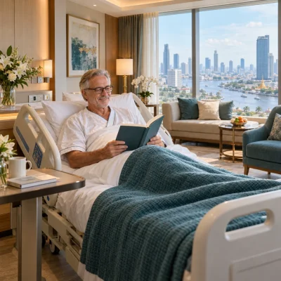 Patient relaxing in a spacious private hospital suite overlooking Bangkok