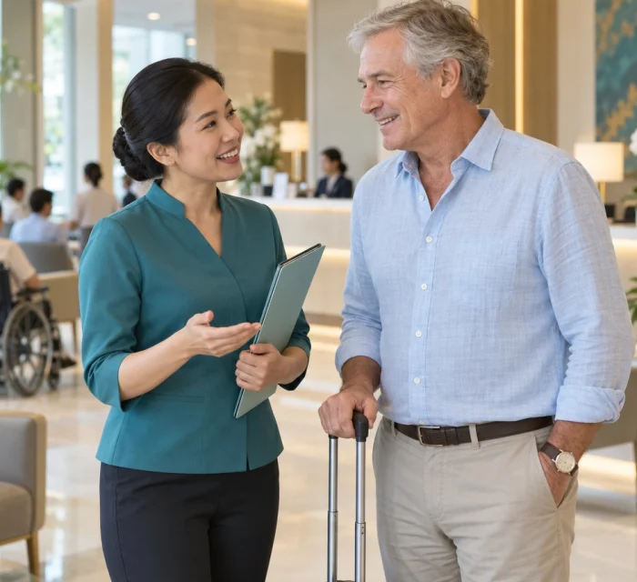 Thailand Care coordinator welcoming a patient on arrival at a Bangkok hospital