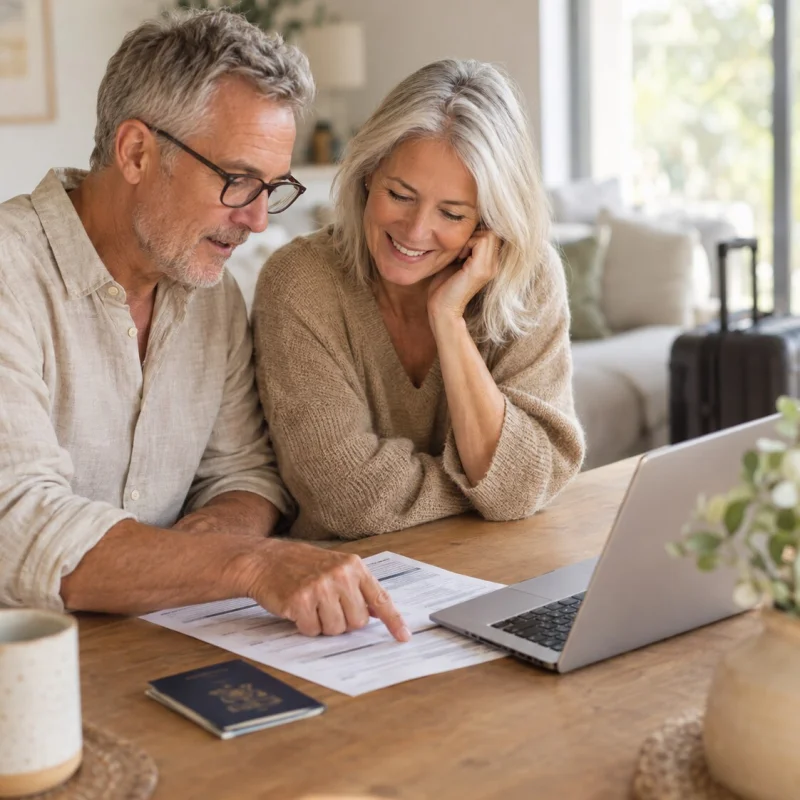 Couple reviewing a treatment plan with passport and laptop at home
