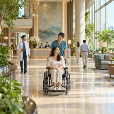 Bright atrium lobby of a modern private hospital in Bangkok